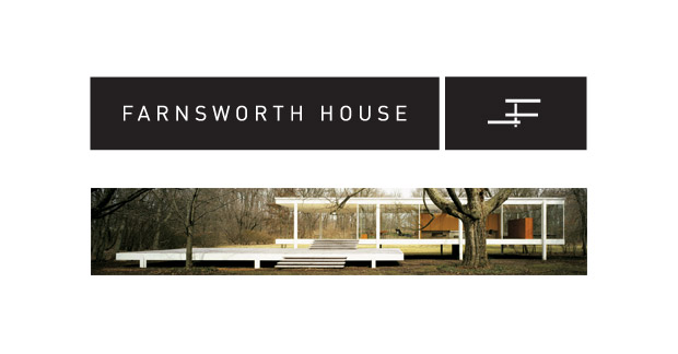 Farnsworth House logo lockup over picture of the house